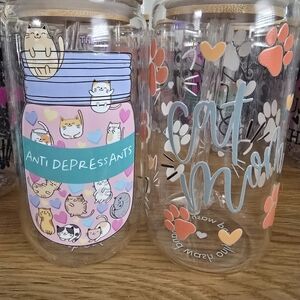Set Of 2 Cat Theme Glass Tumblers